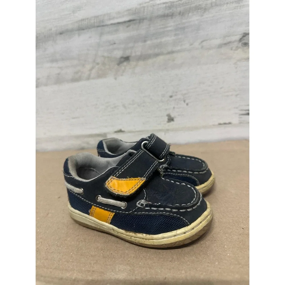 Jumping Jack Boat Shoes Boys 5.5W Navy Yellow Hook Loop Loafers Wide